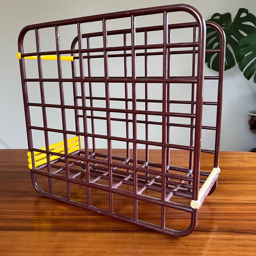 Vintage YAFFA record rack ~ brown with yellow & white accents.